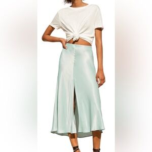 Zara Satin Midi Skirt Pale Green XS